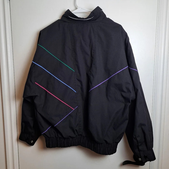Vintage Casual Club Black Neon Stripes 80s Oversized Bomber Jacket Sz Medium - Picture 3 of 6